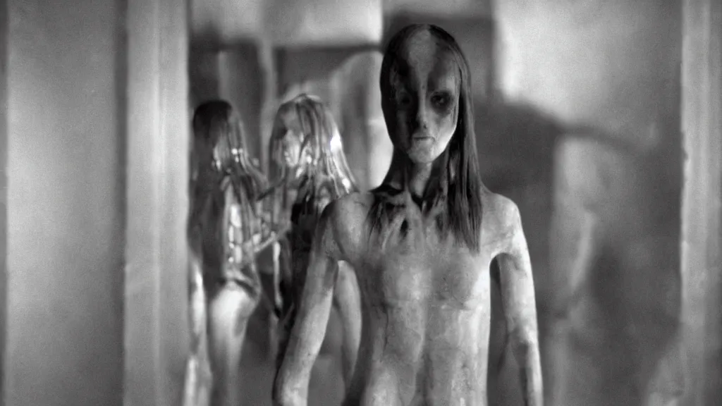 Image similar to movie scene of a human girl and a repetilian humanoid, reptil, reptilian, movie still, cinematic composition, cinematic light, criterion collection, reimagined by industrial light and magic, Movie by Andrzej Żuławski