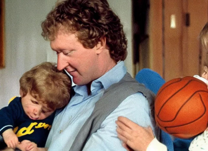 Image similar to film still of Larry Bird holding a baby in the new Three Men and a Baby movie, 8k