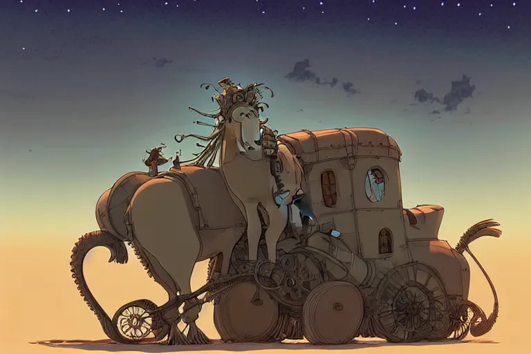Prompt: a cell shaded cartoon of a lovecraftian mechanized horse from howl's moving castle ( 2 0 0 4 ), on a desert road, in front of a full moon, full body, wide shot, very muted colors, post grunge, studio ghibli, laurie greasley, highly detailed, deviantart, art by artgem
