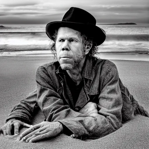 Image similar to tom waits buried in the sand up to his head with the tide approaching quickly, gorgeous image, professional photograph, great lighting, 4 k