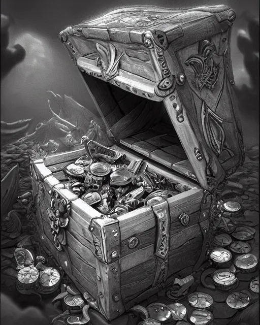 Image similar to a treasure chest opening, black and white, fantasy art, object art, illustration, fantasy, intricate, hyper detailed, artstation, concept art, smooth, sharp focus, ray tracing