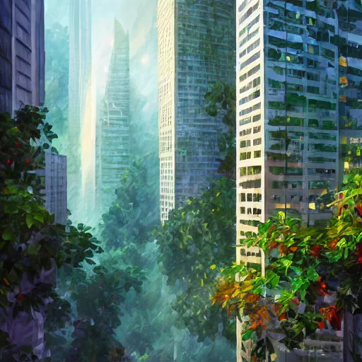 Prompt: lush overgrowth skyscrapers 8 k octane render rich by leonid afremov, syd mead, evgeny lushpin