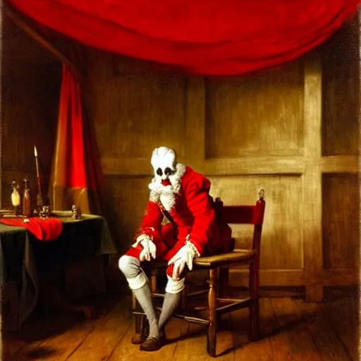 Prompt: a plotting man in a red jester suit sitting in a wooden chair near a table covered with cloth. the room is dimly lit. art style of Jan Matejko, ominous, realistic, highly detailed