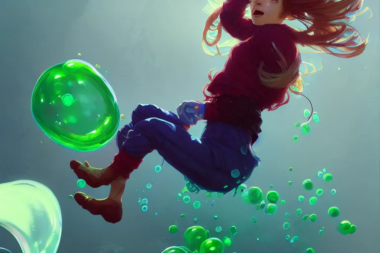 Image similar to madeline from celeste jumping to a green jelly bubble, blue bubble jacket red long hair, highly detailed, digital painting, artstation, concept art, sharp focus, illustration, art by greg rutkowski and alphonse mucha