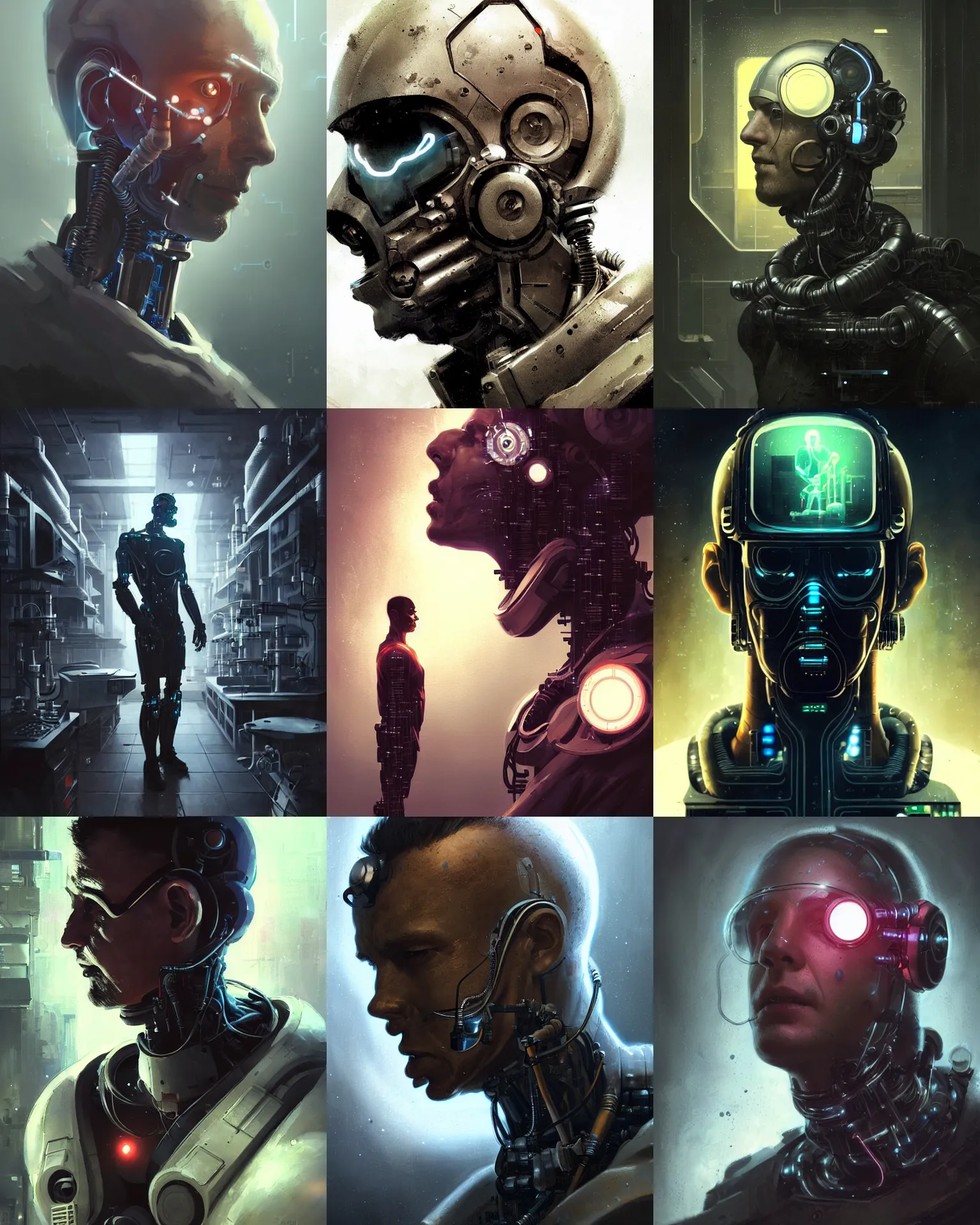 Image similar to a laboratory technician man with cybernetic enhancements seen from a distance, scifi character portrait by greg rutkowski, craig mullins, 1 / 4 headshot, cinematic lighting, dystopian scifi outfit, profile picture, mechanical, cyborg, half robot