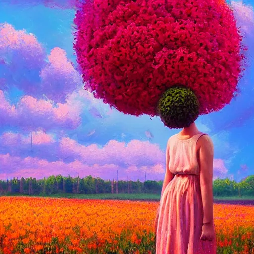 Image similar to large flower head, girl standing in a flower field, surreal photography, big trees, sunrise dramatic light, impressionist painting, colorful clouds, digital painting, pointillism, artstation, simon stalenhag