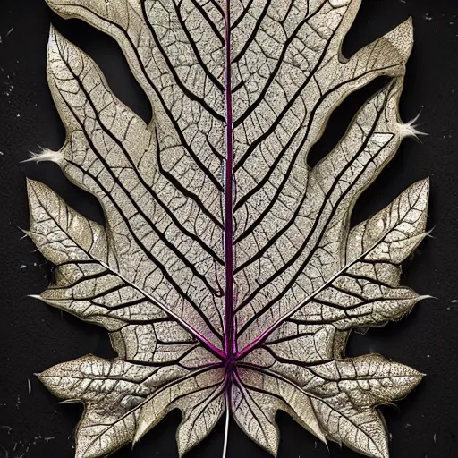 Prompt: beautiful digital illustration of Intricate a whole fantasy leaf, encrusted jewels, illustration, detailed veins, sharp focus, octane render, high quality, 8k, volumetric lighting, on black background