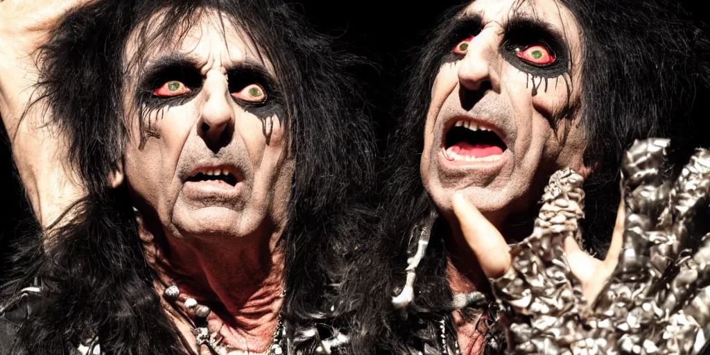 Image similar to Alice cooper on stage by terry gillam, detailed, weird, surrealistic,