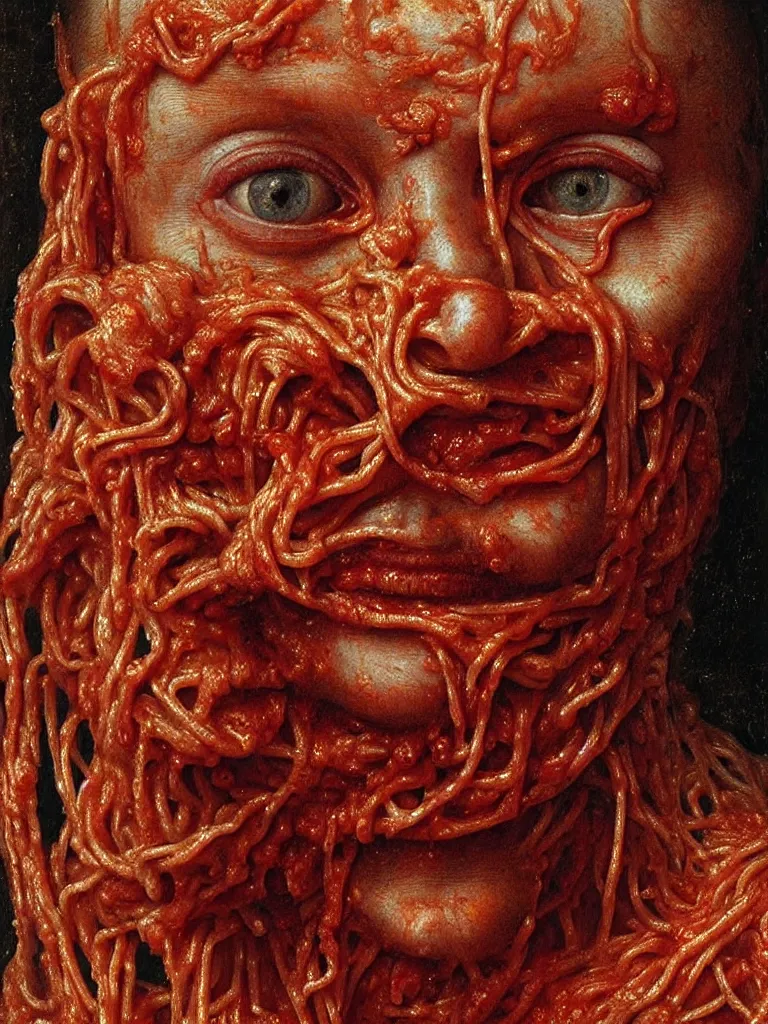 Image similar to a boy made of spaghetti and tomato sauce, looking into camera, screaming in pain, full body, by giuseppe arcimboldo and ambrosius benson, renaissance, intricate and intense oil paint, a touch of beksinski and hr giger and edward munch, realistic