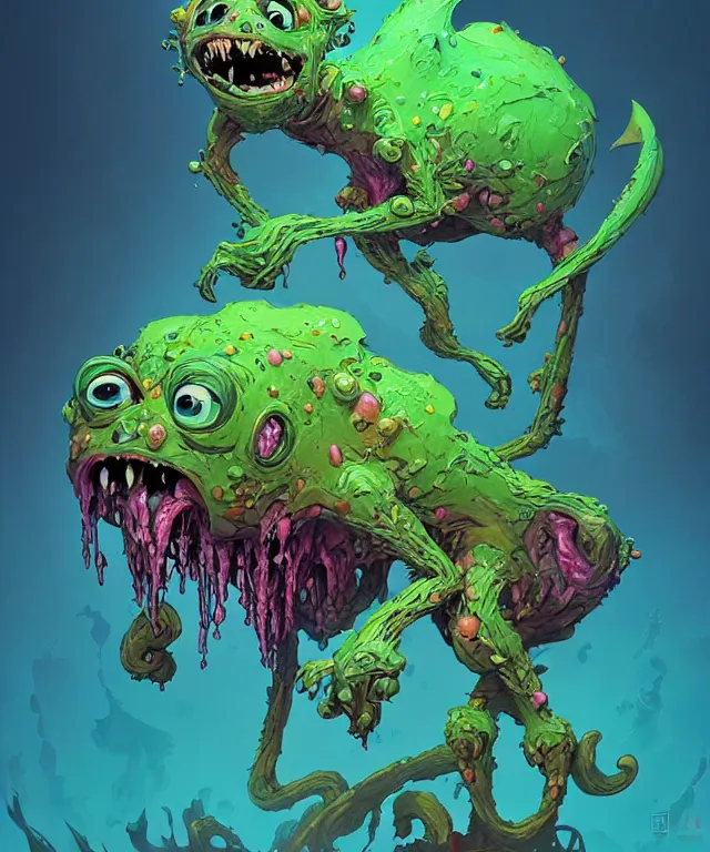 Prompt: a toxic ooze creature in a pixar artstyle, adorable and whimsical,, fantasy, elegant, digital painting, artstation, unreal engine, octane render, concept art, matte, sharp focus, vibrant colors, high contrast, illustration, art by james jean and philippe druillet and justin gerard