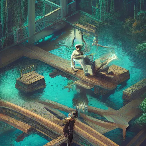 Image similar to beautiful symmetrical boy on a skateboard ramps over the pond surrounded by machine axonometric fantasy intricate elegant highly detailed in volumetric turquoise steampunk, high contrast cinematic light, mystical shadows, octane render, photographic, concept art, art high renaissance art, unreal engine 8 k