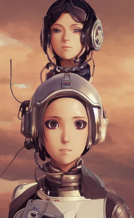 Prompt: pilot girl, cyborg aircraft parts, anime style, vintage pilot clothing, shoulder eyes, last exile anime, hair down, symmetrical facial features, from arknights, hyper realistic, 4 k, rule of thirds, extreme detail, detailed drawing, trending artstation, realistic lighting, by alphonse mucha, greg rutkowski, interior background