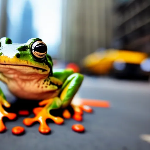 Prompt: a cute small frog sitting in the middle of a busy street with skyscrapers, low angle camera, cinematic, very detailed, 4 k, depth of field