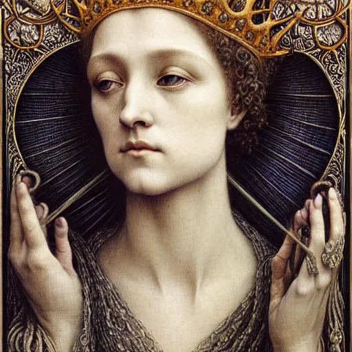 Prompt: detailed realistic beautiful young medieval queen face portrait by jean delville, gustave dore, iris van herpen and marco mazzoni, art forms of nature by ernst haeckel, art nouveau, symbolist, visionary, gothic, pre - raphaelite