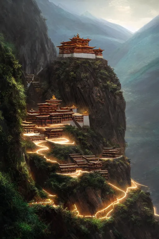 Image similar to inside a Tibetan monastery with a view at the edge of the cliff, powerfull, intricate, elegant, volumetric lighting, digital painting, highly detailed, artstation, sharp focus, illustration, concept art, ruan jia, steve mccurry