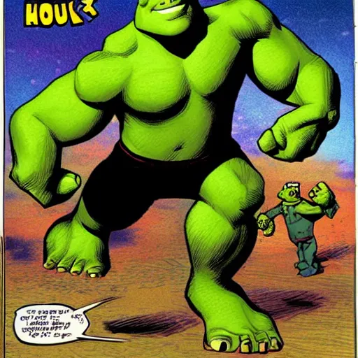 Prompt: shrek fighting hulk comic book art