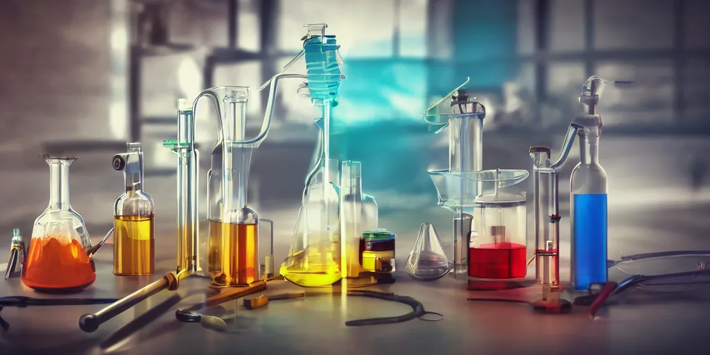 Image similar to instruments being used to mix chemicals, scientist, blender, 3d, apartment