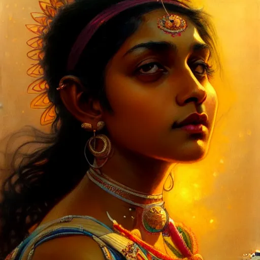 Prompt: Portrait of an indian girl with black hair, brown skin, glowing skin, fantasy, intricate, elegant, highly detailed, digital painting, artstation, concept art, smooth, sharp focus, illustration, art by Krenz Cushart and Artem Demura and alphonse mucha