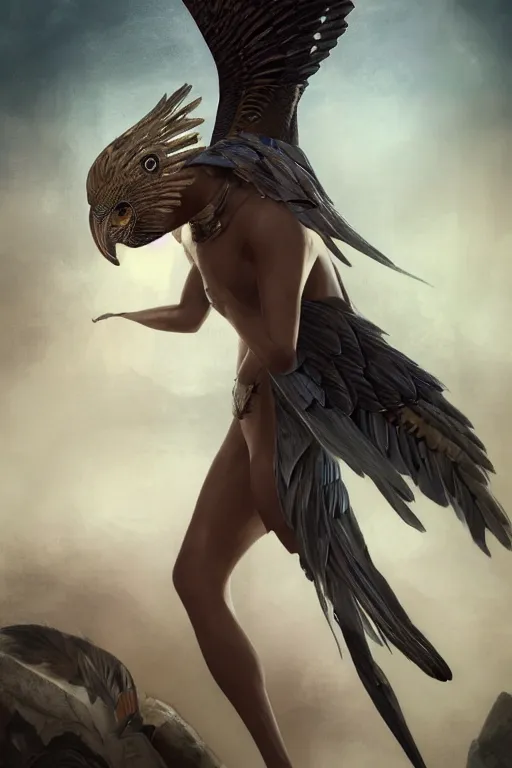 Image similar to rendering by octane, unreal engine, aesthetic, full body skin Egyptian god with an eagle head, animalistic Face like a eagle, realistic feathers, realistic eagle beak , microdetail, in the style of Charlie Bowater and Waterhouse, symmetrical, cinematic lighting, elegant, oil painting, cinematic, portrait, Raphaelite, magical background, magical realism, body shot