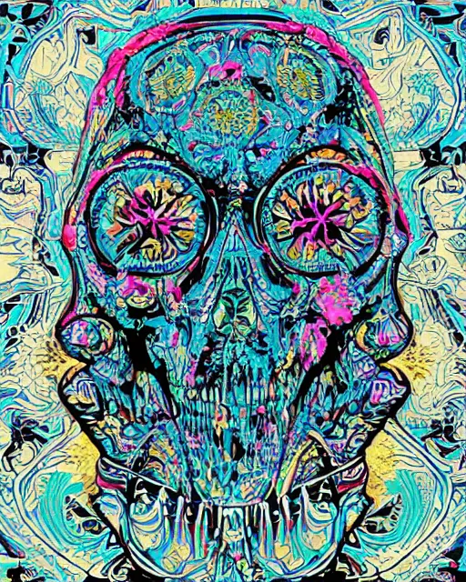 Prompt: an intricate exploding skull, screen print, colour explosion, voronoi, art by Gustavo Bernal, Garavato