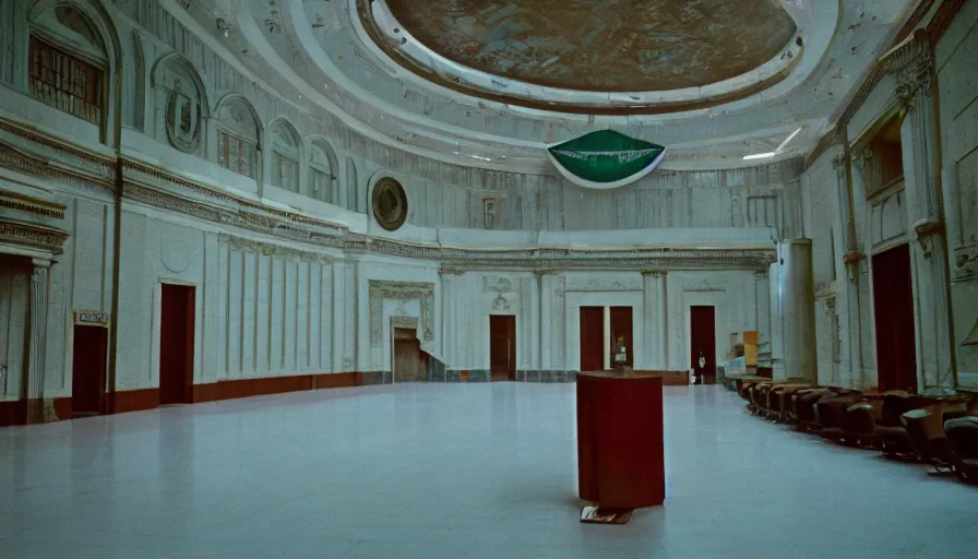 Prompt: 60s movie still of a sovietic stalinist style empty congress palace, with a Karl Marx portrait, cinestill 800t 50mm eastmancolor, liminal Space style, heavy grain-s 150