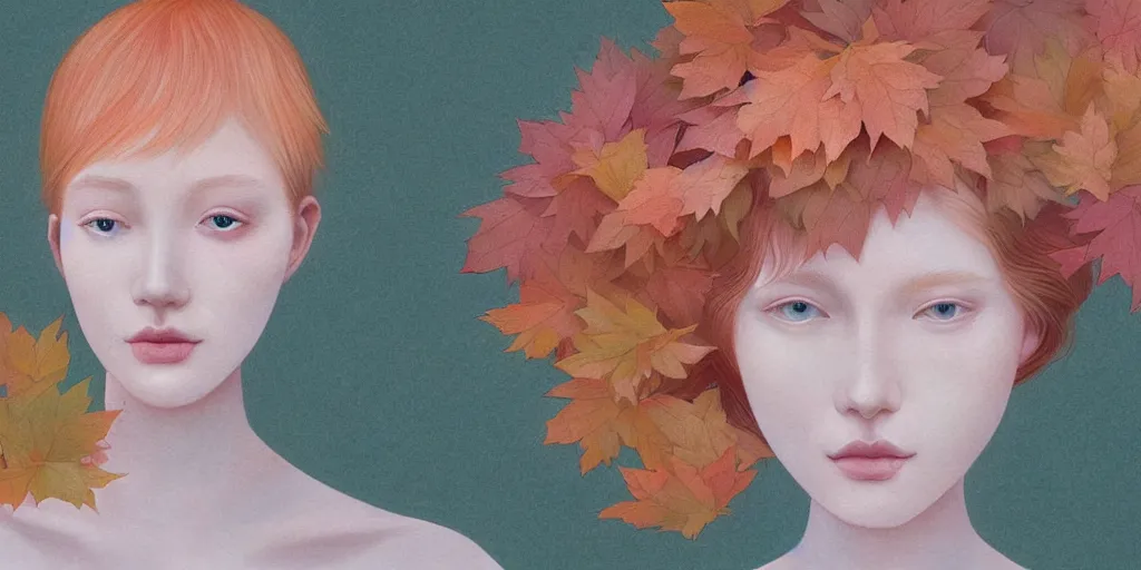 Prompt: highly detailed pastel colors of an ethereal ginger beauty morphing gradually into autumn leaves, by hsiao - ron cheng, smooth composition, fine detail