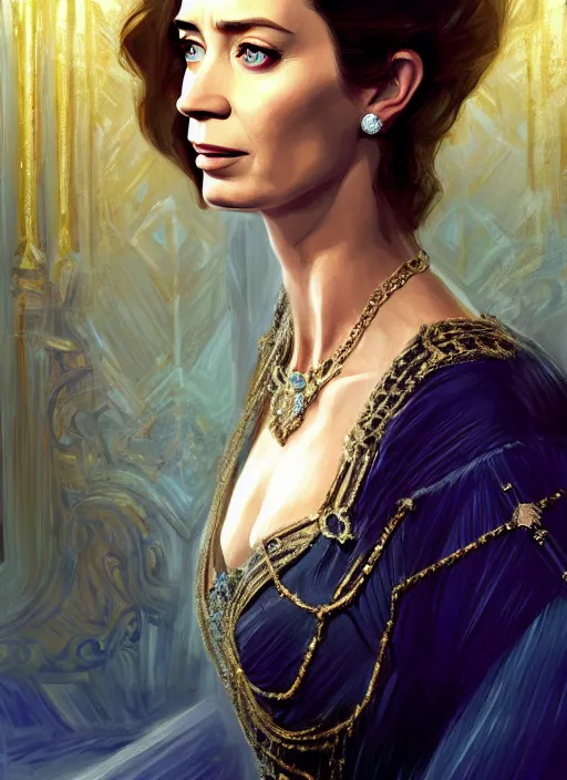 Image similar to portrait of emily blunt as queen, jewelry, greek, sapphire, victorian age, 1 8 9 0, intricate, headshot, key visual, conceptart, ambient lighting, highly detailed, digital painting, artstation, concept art, sharp focus, by makoto shinkai and akihiko yoshida and greg manchess