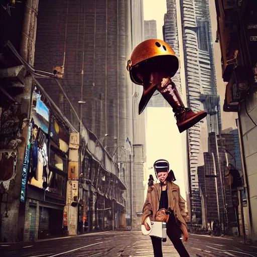 Prompt: a fashion model in helmet, creative, brown skin, digital art, photo manipulation, artstation, standing, cyberpunk, giant, street, duck shoes, up there, photoshop, people