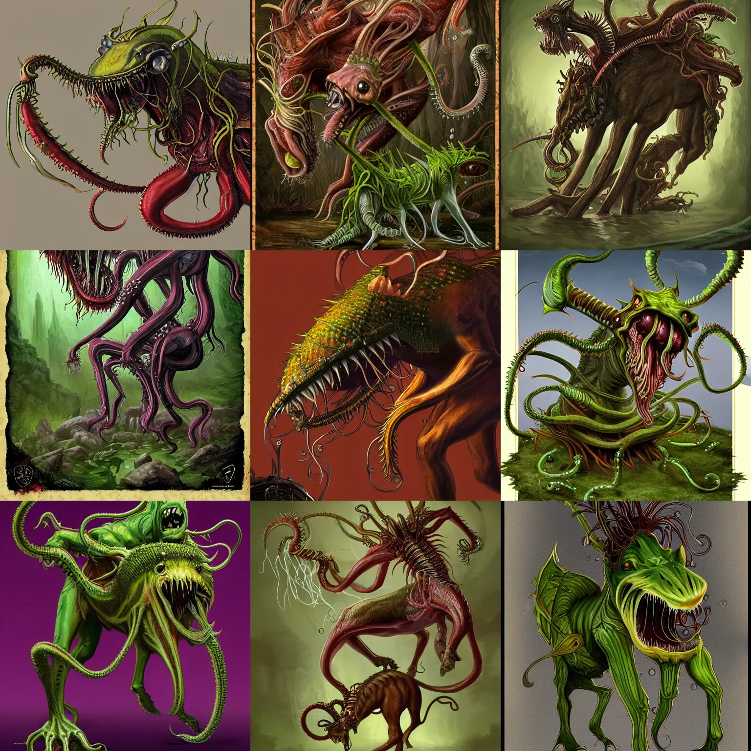 Prompt: a centaur-like carnivorous plant with cine tentacles and a fly-trap jaw. D&D Monster manual, fantasy art, extremely detailed, 8k resolution.
