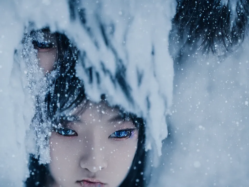 Prompt: the piercing stare of yuki onna, snowstorm, blizzard, mountain snow, canon eos r 6, bokeh, outline glow, asymmetric beauty, blue skin, centered, rule of thirds
