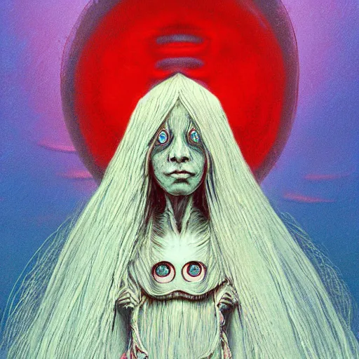 Image similar to portrait of small, rubbery, huge-eyed, big-lipped albino mutant priestess with elaborate white hair by Anato Finnstark, Beksinski, and Studio Ghibli