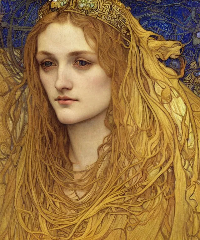 Image similar to detailed realistic beautiful young medieval queen face portrait by jean delville, alphonse mucha, vincent van gogh, and marco mazzoni, art nouveau, symbolist, visionary, gothic, pre - raphaelite