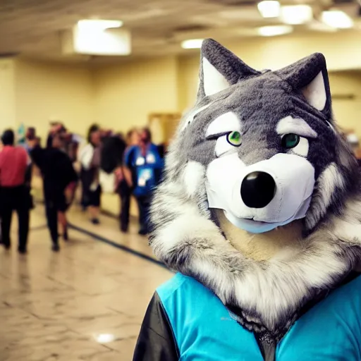 Image similar to portrait of a wolf fursuit at a furry convention, indoors, realisitc photo