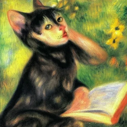 Image similar to renoir painting of black cat reading a book