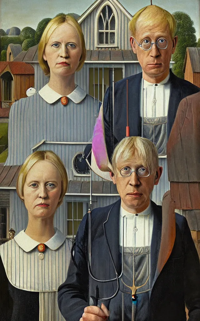 Prompt: boris johnson and liz truss standing together painting in the style of american gothic frant wood, hyper real ,