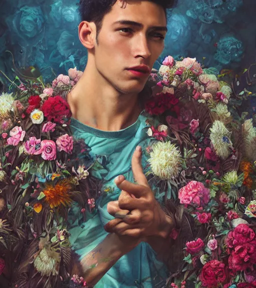 Image similar to portrait of a very handsome peruvian male model, surrounded by flowers by karol bak, james jean, tom bagshaw, rococo, trending on artstation, cinematic lighting, hyper realism, octane render, 8 k, hyper detailed.