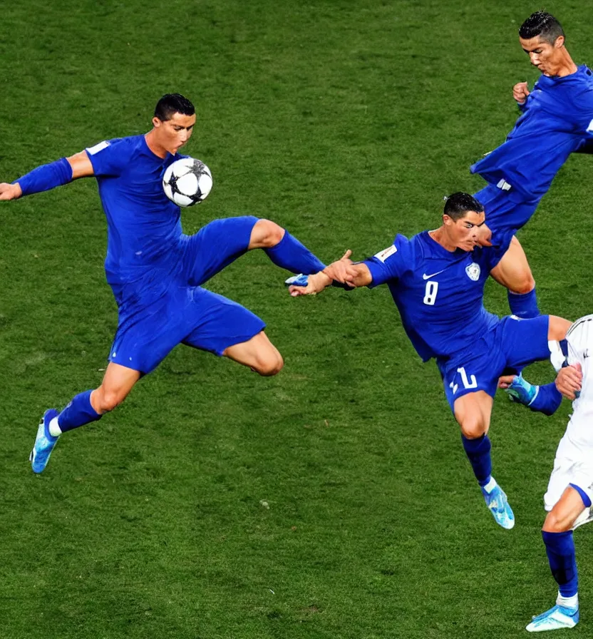 Prompt: cristiano Ronaldo tackling a blue meat ball in the style of siudmak, football, nike