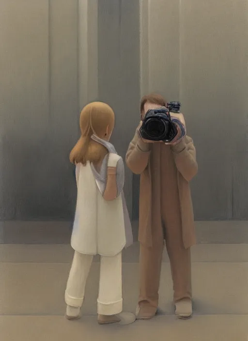 Prompt: two people holding cameras and facing each other, soft edges, calm serene painting, ralph maquarrie