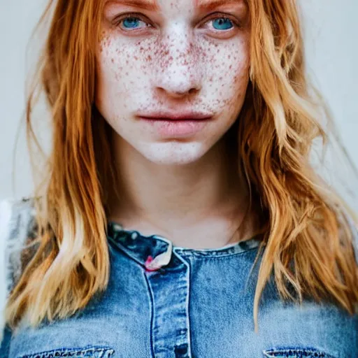 Image similar to Portrait photograph of a Strawberry-Blonde Girl, Young Beautiful Face, Green Eyes, Freckles, Wearing a white crop-top and jeans, with a subtle smile, Humans of New York Style