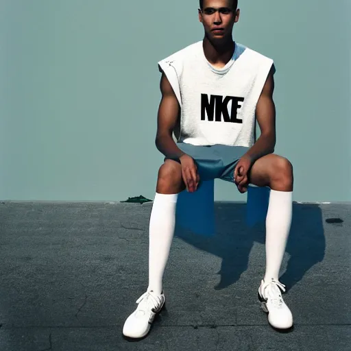 Image similar to realistic photoshoot for a new nike lookbook, color film photography, portrait of a beautiful caucasian person, in style of Tyler Mitchell, 35mm, graflex