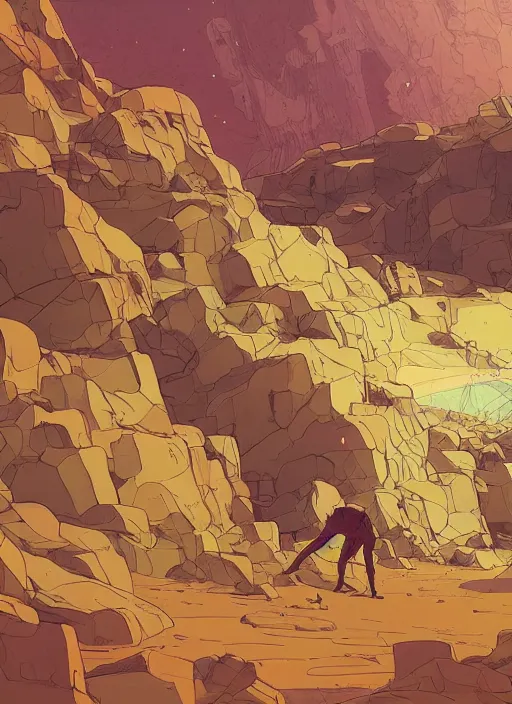 Image similar to abstract art with a theme on mineral rocks, empty world environment. no people nor cars. sharp focus, cinematic pose, cinematic lighting, unreal engine render. art by josan gonzales and moebius and deathburger.