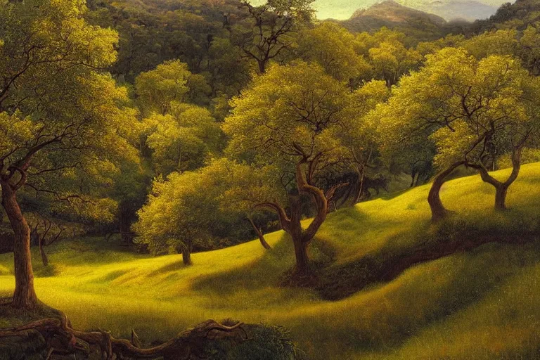 Image similar to masterpiece painting of oak trees on a hillside overlooking a creek, by james c. christensen