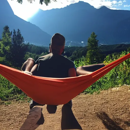 Prompt: my italian wise friend on a hammock, reading the book about love, face iluminated by new knowledge, mountains in a background