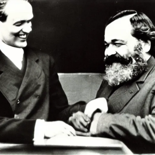 Prompt: Karl Marx und Ayn Rand laughing, photo 1960, Restaurant backround