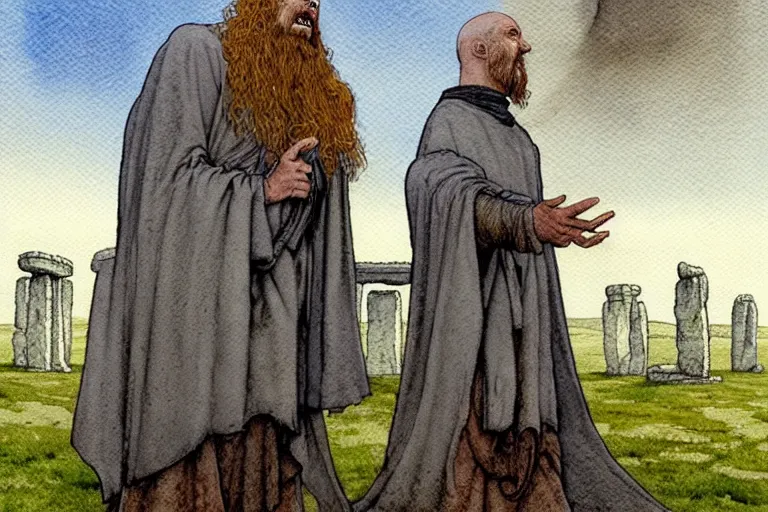 Image similar to a realistic and atmospheric watercolour fantasy concept art of a dirty medieval monk in grey robes pointing to the sky in stonehenge. a ufo is in the sky. by rebecca guay, michael kaluta, charles vess and jean moebius giraud