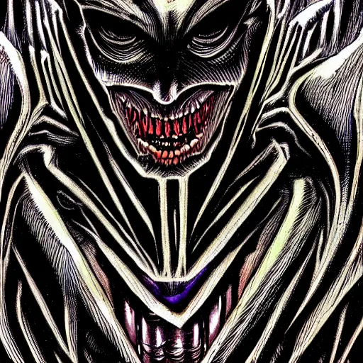 Image similar to a dark humanoid, hyper detailed, in the style of h. r. giger and junji ito and h. r. giger and junji ito, selfie