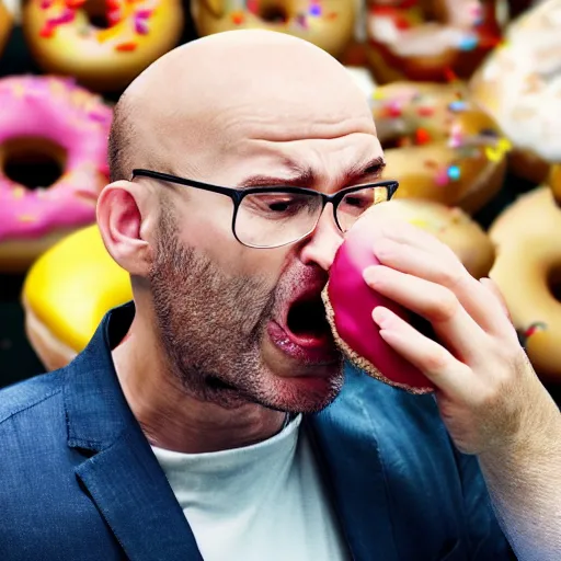 Image similar to a photo of a balded man arguing at a donut, close up, photorealistic