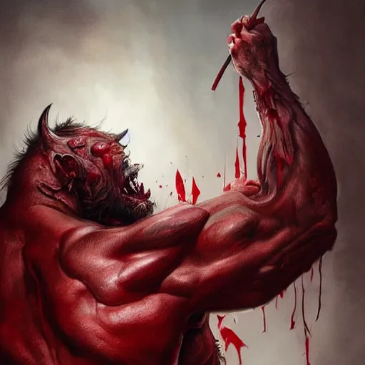 Image similar to Dark Fantasy Painting of a muscular red beast with blood dripping from its mouth, creepy, unsettling, horror, upper body, intricate, wild, highly detailed, digital painting, artstation, concept art, smooth, sharp focus, illustration, art by artgerm and greg rutkowski and alphonse mucha