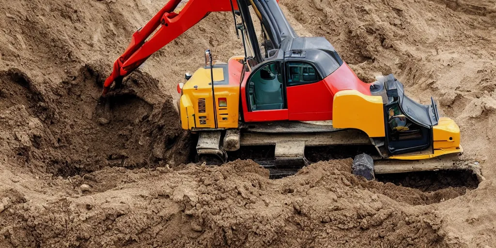 Prompt: A retro excavator digging a hole in a trench