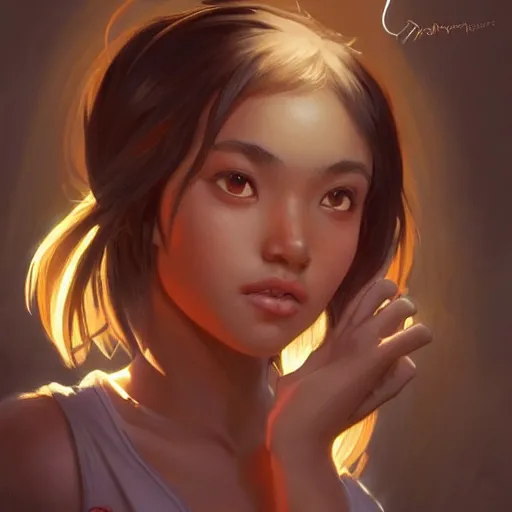 Prompt: demonic evil seductive cute fourteen year old brown skinned asian girl, tomboy, freckles!!!, fully clothed, highly detailed, digital painting, artstation, concept art, sharp focus, illustration, cinematic lighting, art by artgerm and greg rutkowski and alphonse mucha,